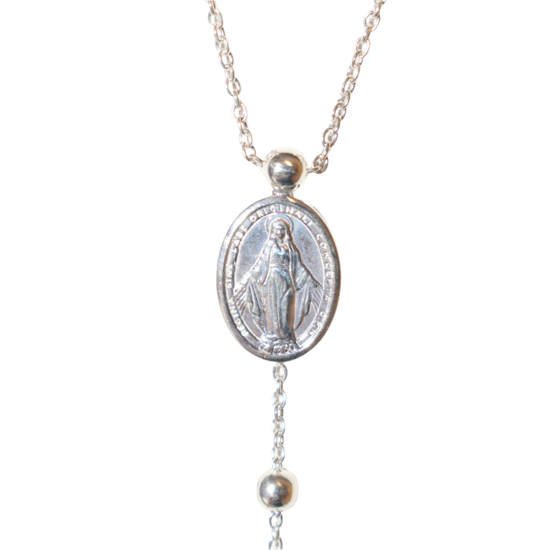 Sterling Silver 4MM Miraculous Medal Rosary Necklace