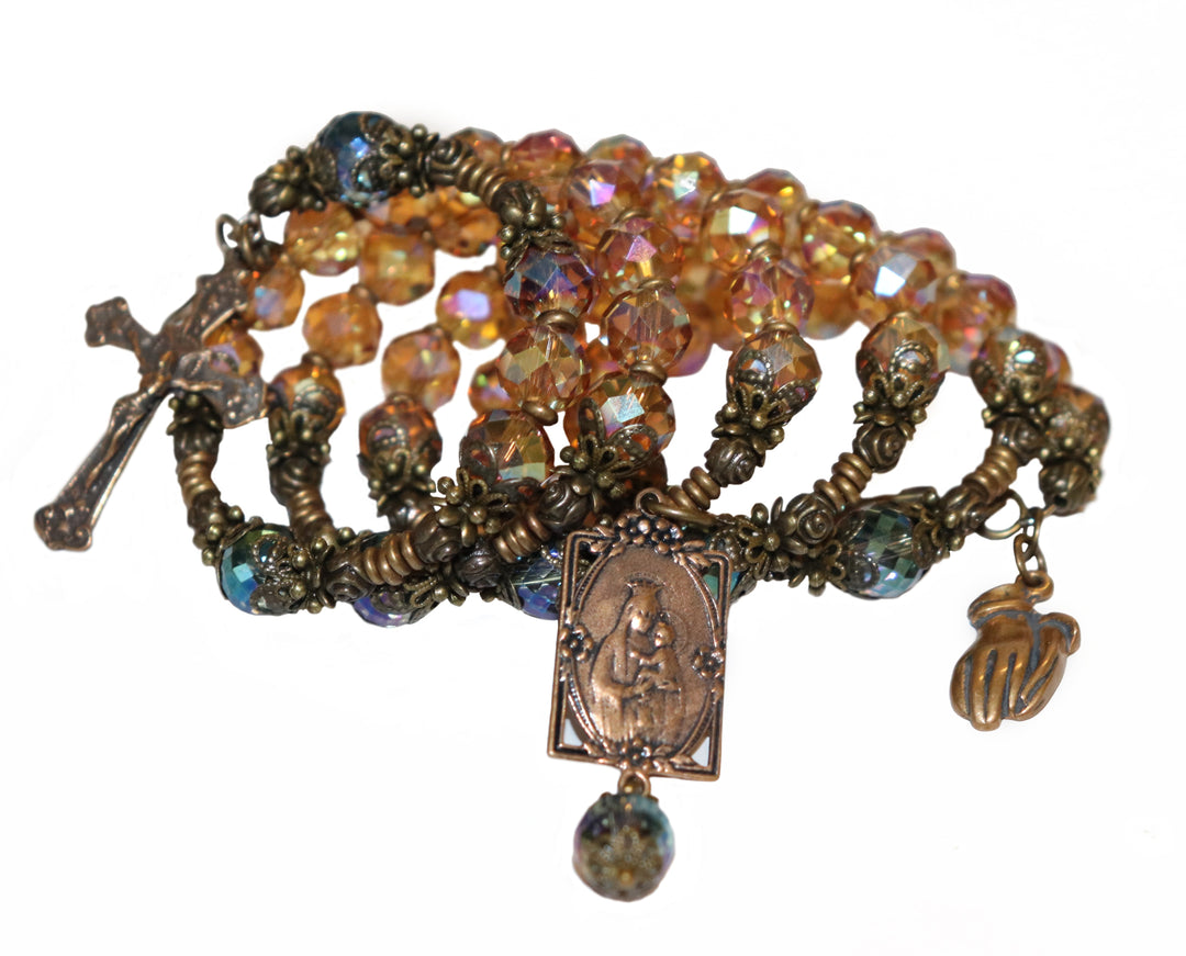 Wrap Bracelet of Divine Prayer - Amber and Aqua Crystals