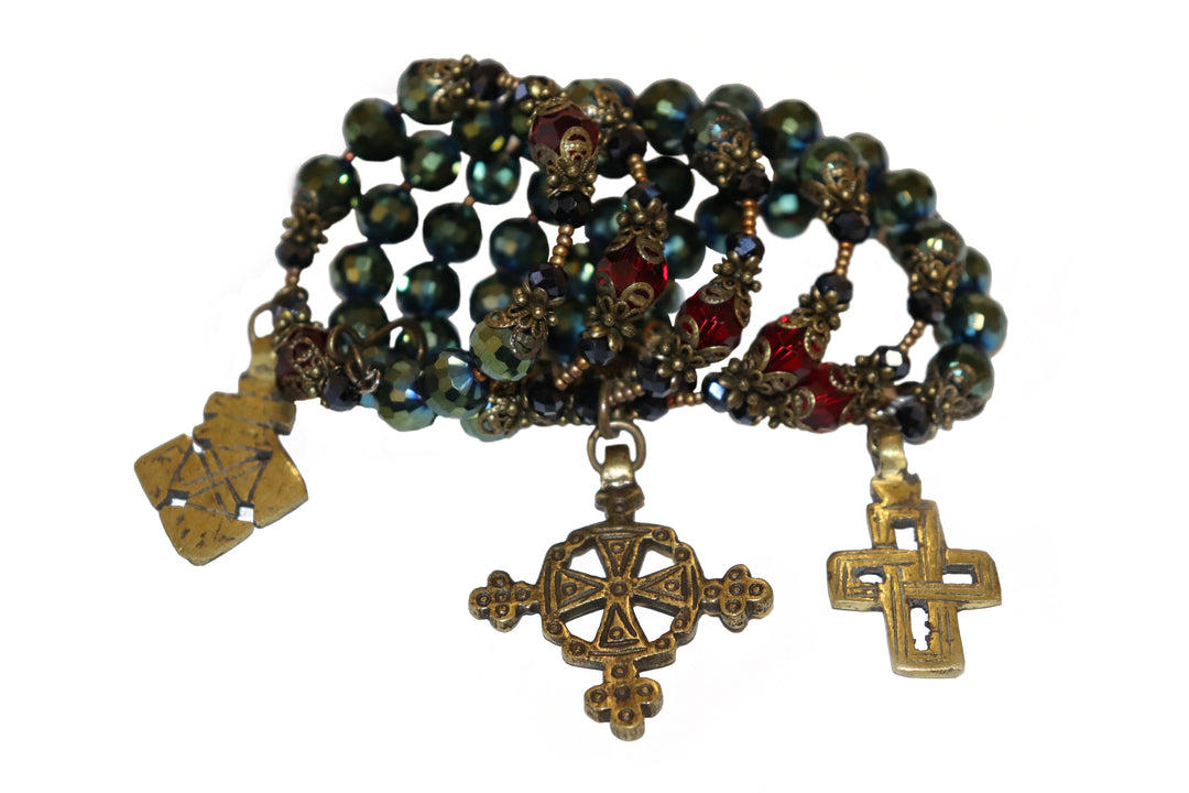 Wrap Bracelet of Divine Prayer - Metallic, Charcoal, and Garnet Crystals