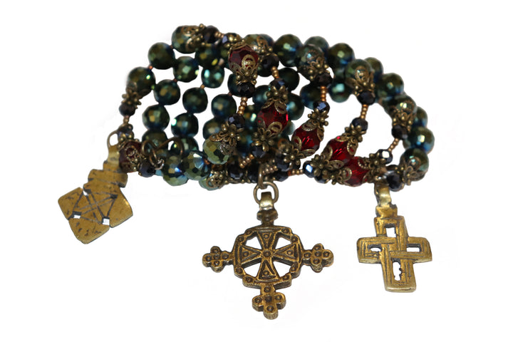 Wrap Bracelet of Divine Prayer - Metallic, Charcoal, and Garnet Crystals