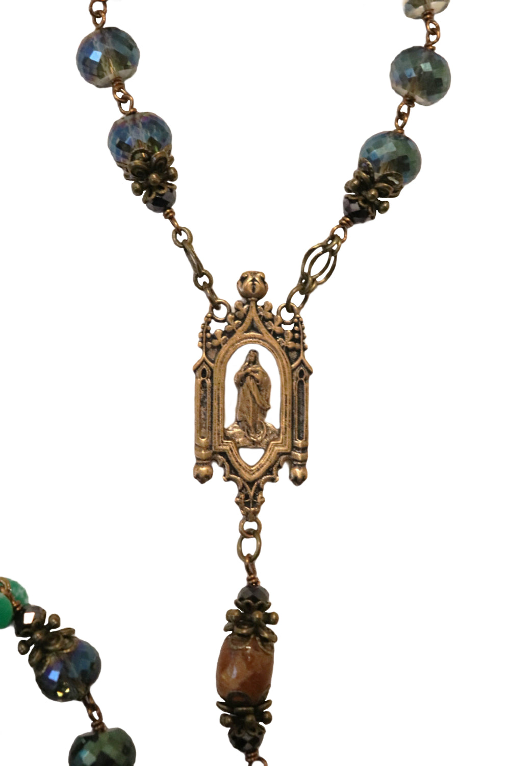 One Decade Heirloom Rosary of Divine Grace - Aqua and Charcoal Crystals with Garnet Quartz