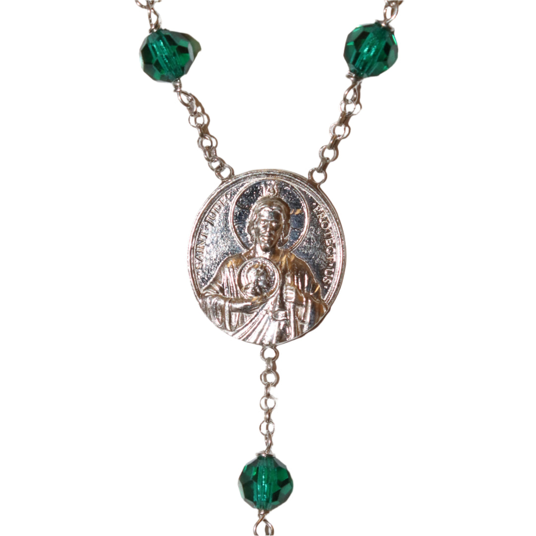 Sterling Silver 6mm Green Swarovski Crystal St. Jude Rosary Necklace