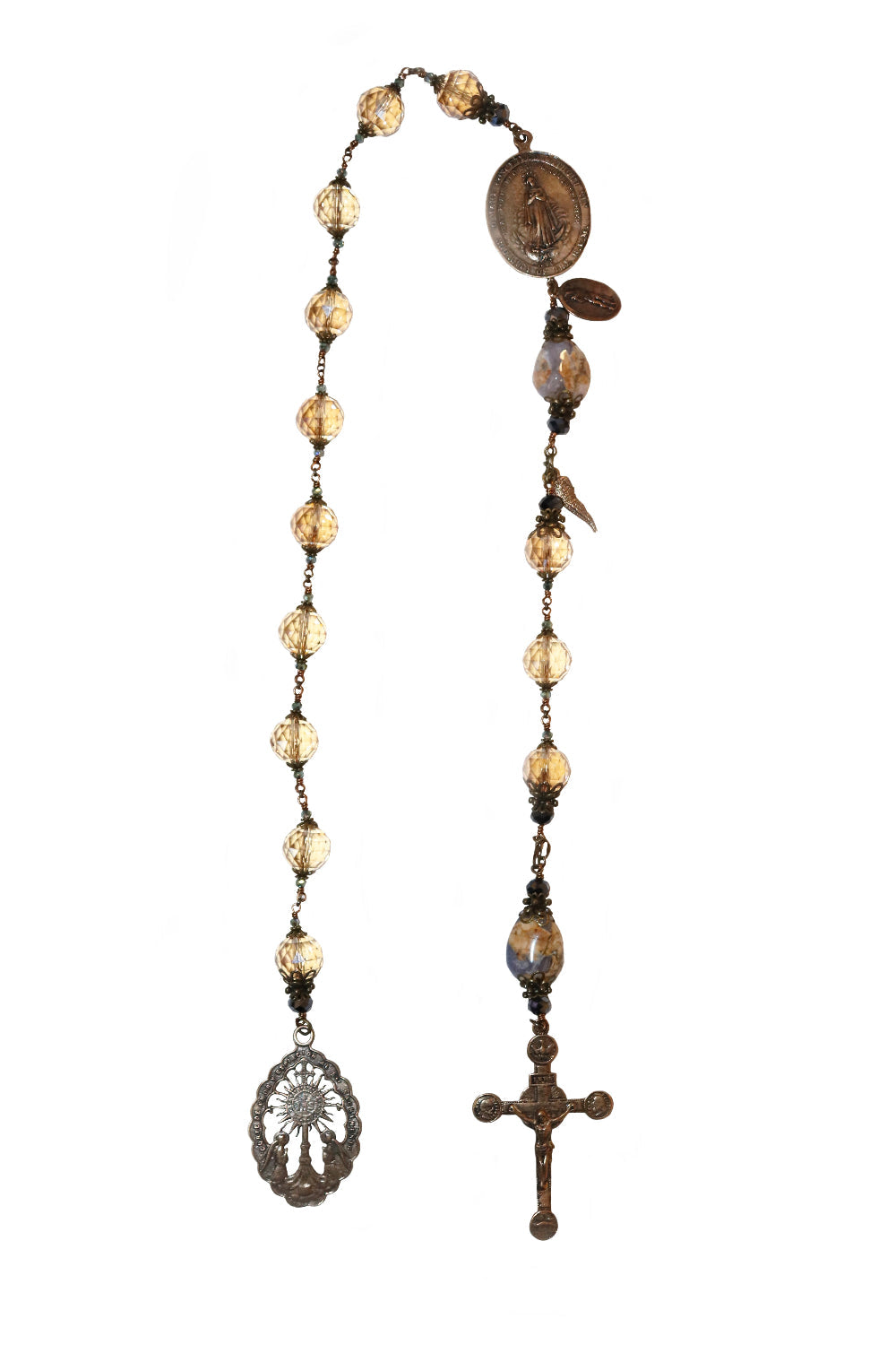 One Decade Heirloom Rosary of Divine Grace - Champagne, Aqua, and Charcoal Crystals