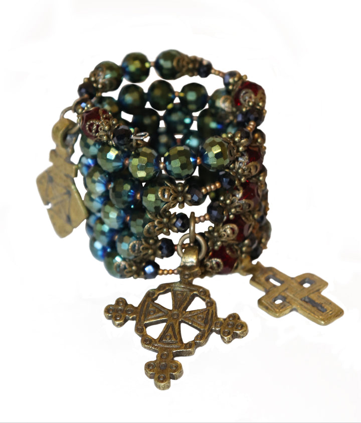 Wrap Bracelet of Divine Prayer - Metallic, Charcoal, and Garnet Crystals
