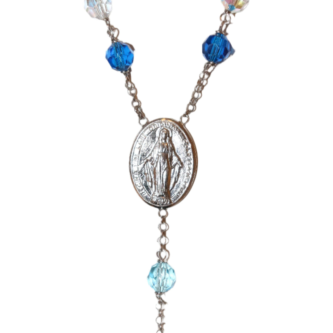 Sterling Silver 6mm Blue Swarovski Crystal Rosary Necklace