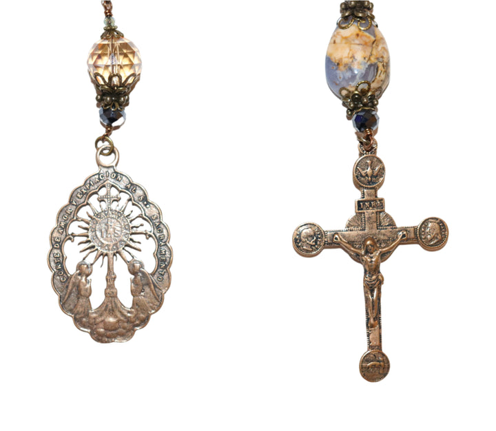 One Decade Heirloom Rosary of Divine Grace - Champagne, Aqua, and Charcoal Crystals
