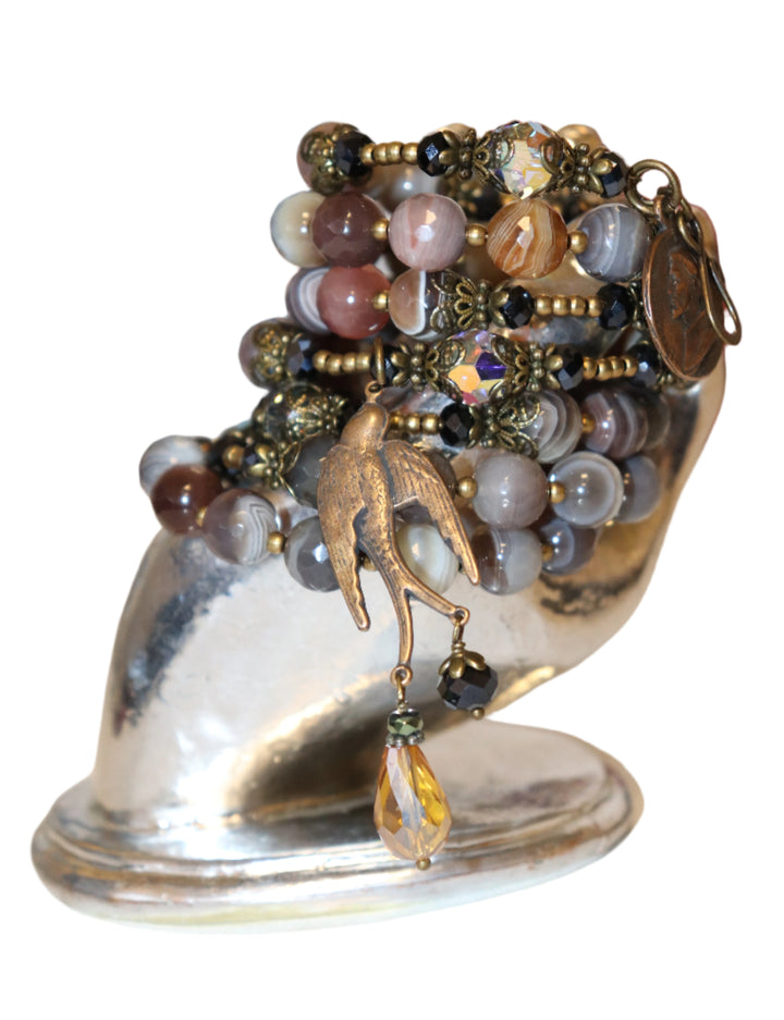 Wrap Bracelet of Divine Prayer - Botswana Agates, Charcoal, and Champagne Crystals