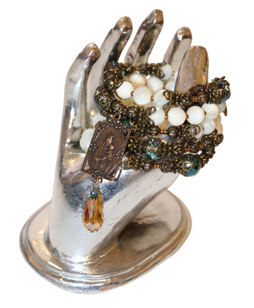 Rosary Wrap Bracelet of Divine Faith - Mother of Pearl & Crystal