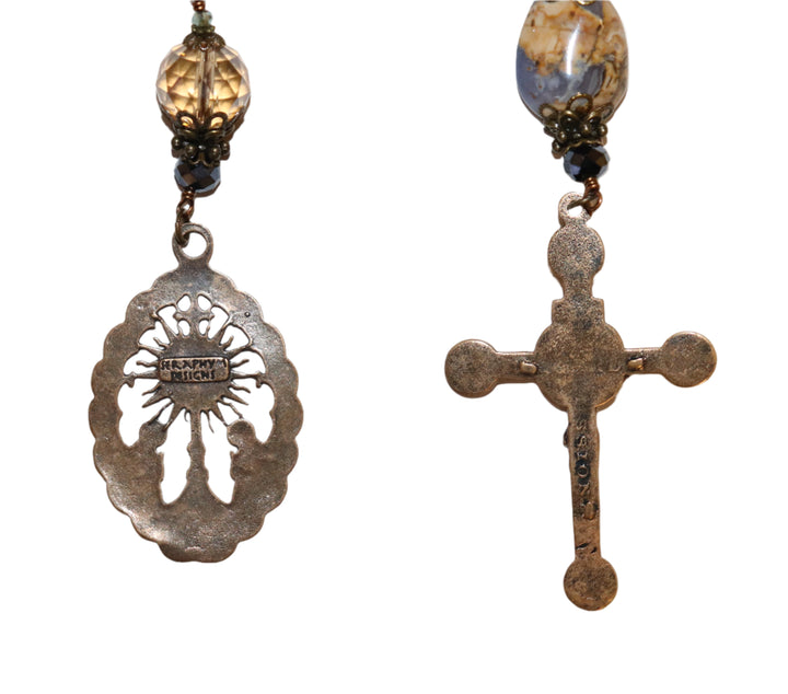 One Decade Heirloom Rosary of Divine Grace - Champagne, Aqua, and Charcoal Crystals