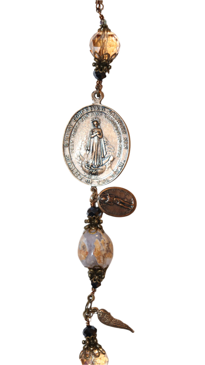 One Decade Heirloom Rosary of Divine Grace - Champagne, Aqua, and Charcoal Crystals