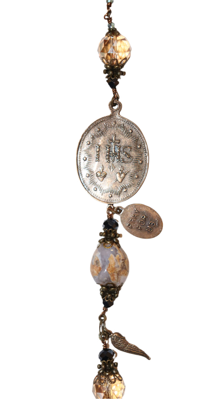 One Decade Heirloom Rosary of Divine Grace - Champagne, Aqua, and Charcoal Crystals