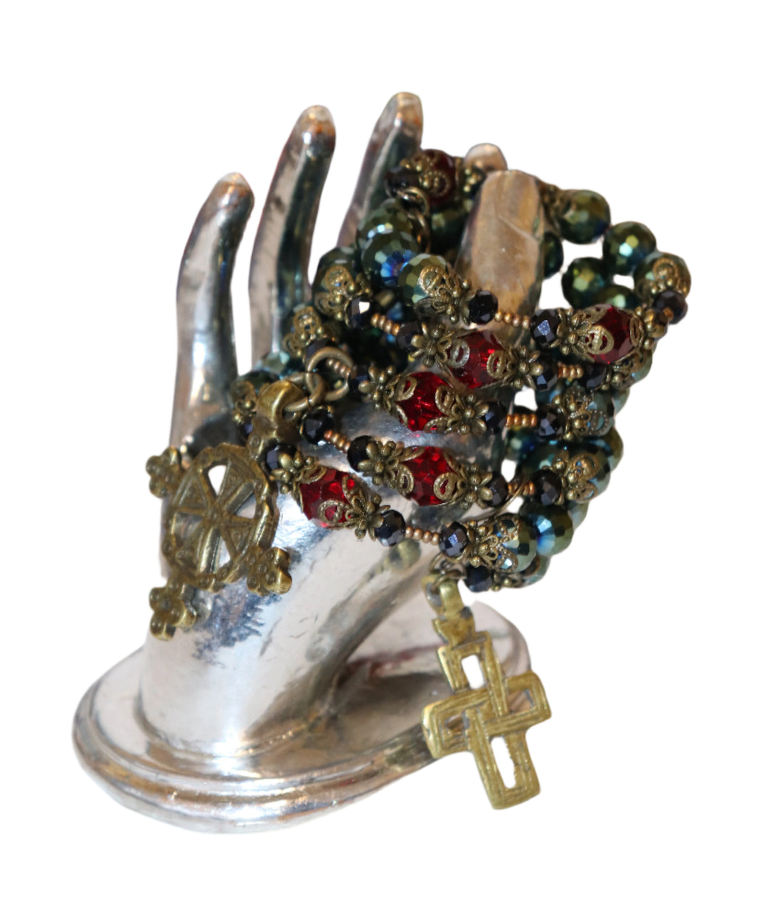 Wrap Bracelet of Divine Prayer - Metallic, Charcoal, and Garnet Crystals