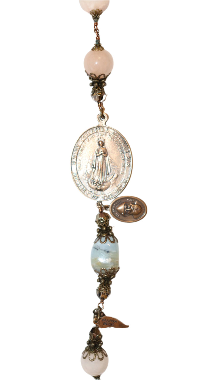 One Decade Heirloom Rosary of Divine Grace - Rose Quartz, Peruvian Opals, and Crystals