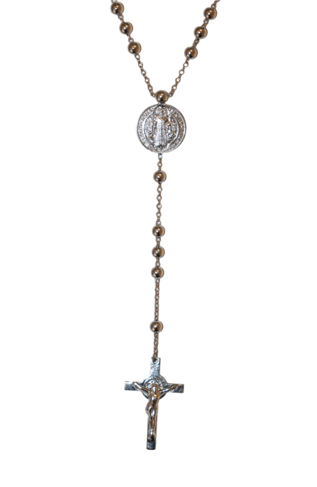 Sterling Silver Rhodium Plated 5MM St. Benedict Rosary Necklace
