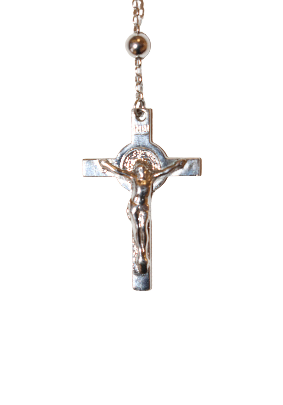 Sterling Silver Rhodium Plated 5MM St. Benedict Rosary Necklace
