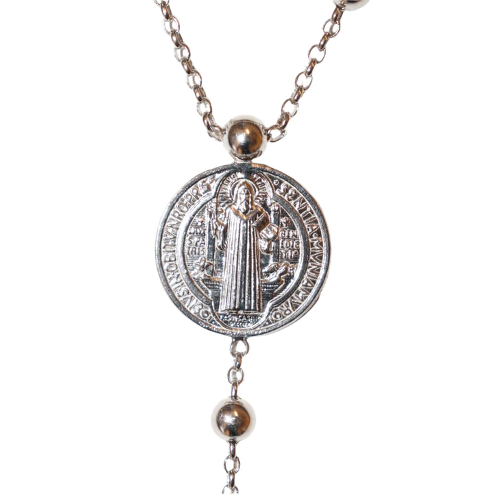 Sterling Silver Rhodium Plated 5MM St. Benedict Rosary Necklace