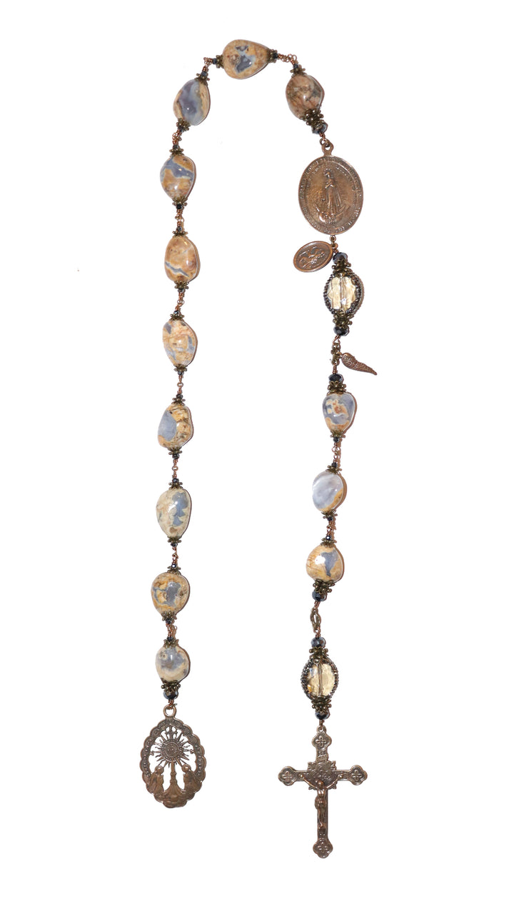 One Decade Heirloom Rosary of Divine Grace - Chalcedony Stones with Charcoal and Hematite Crystals