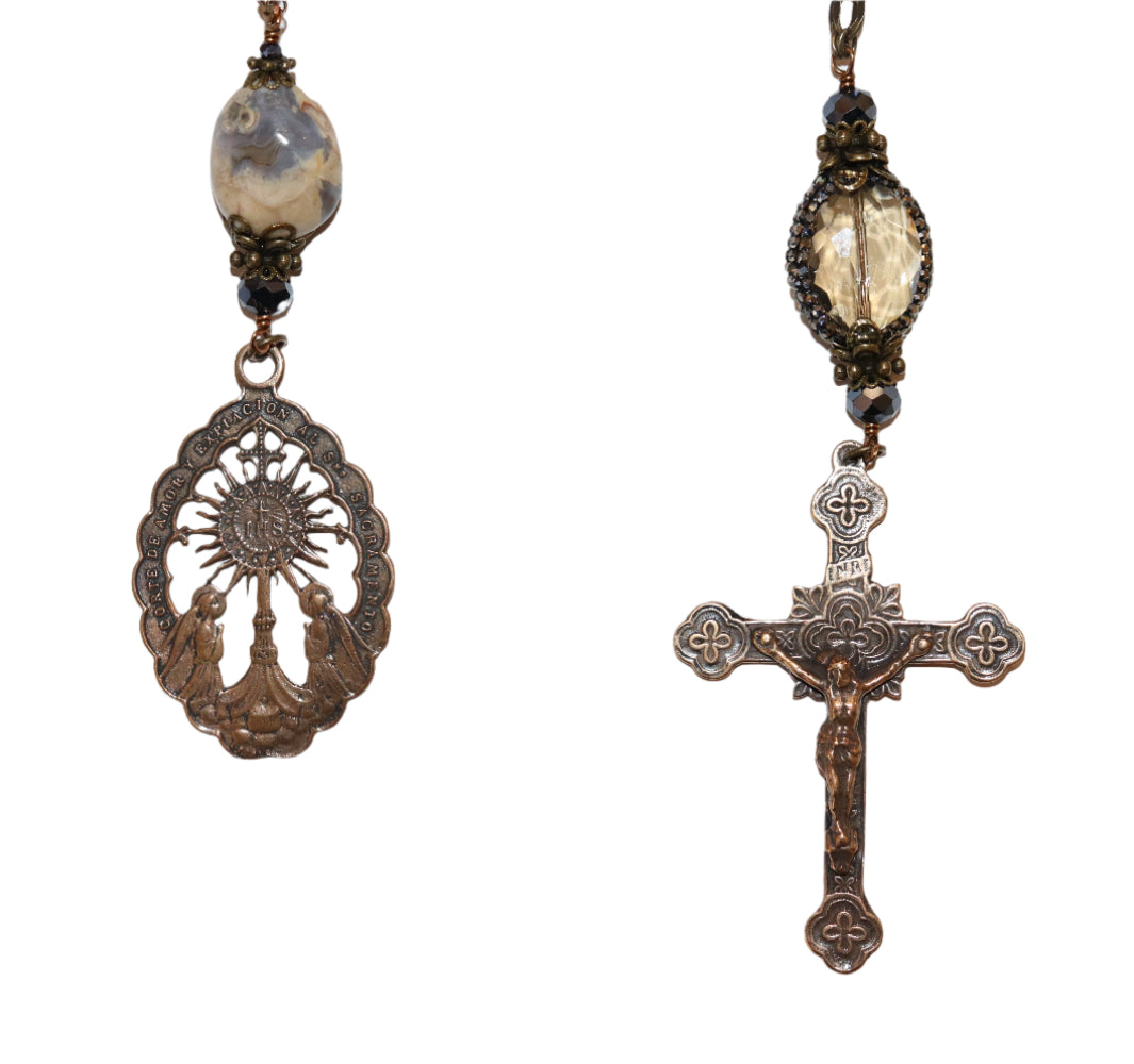 One Decade Heirloom Rosary of Divine Grace - Chalcedony Stones with Charcoal and Hematite Crystals