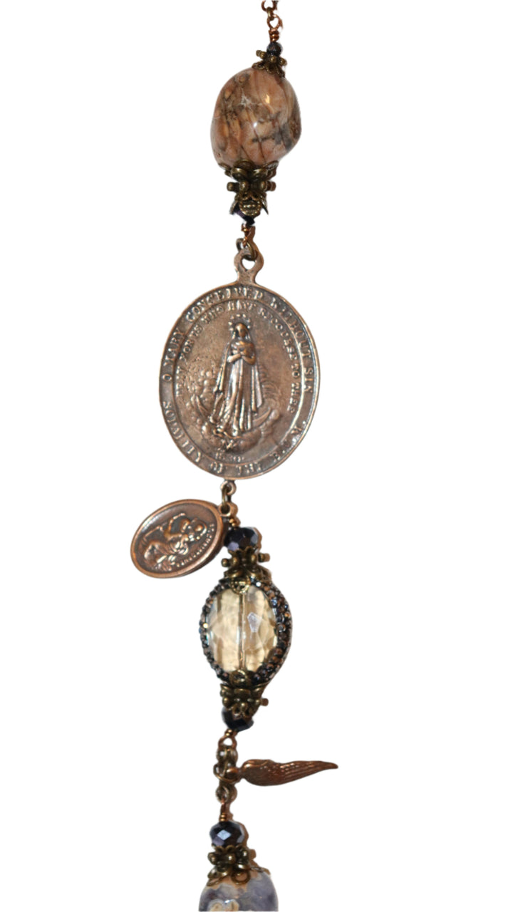 One Decade Heirloom Rosary of Divine Grace - Chalcedony Stones with Charcoal and Hematite Crystals