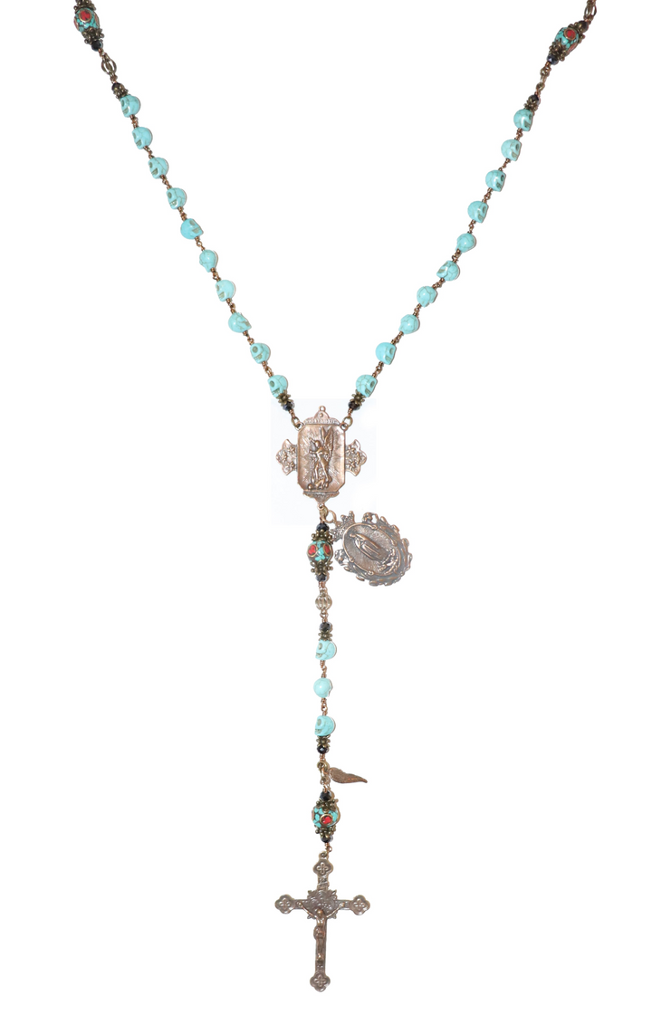 Turquoise Howlite Skull  with Tibetan Beads Heirloom Rosary