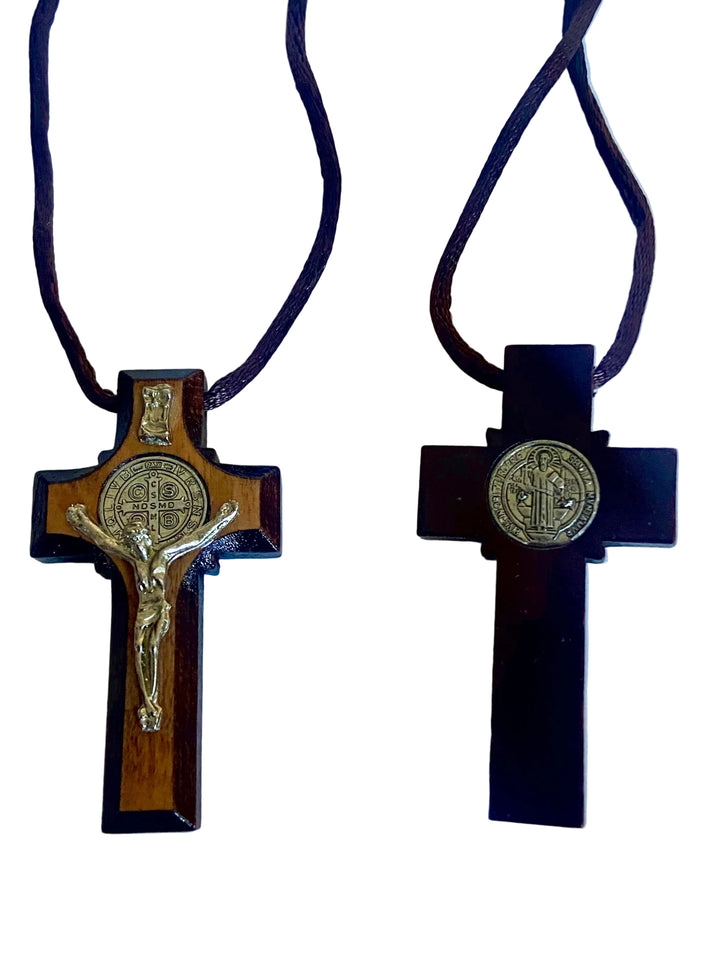 18" St. Benedict Wood Cross Necklace