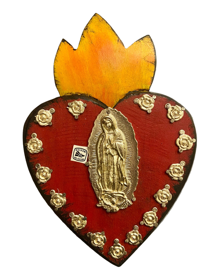 8" Wood Sacred Heart with Guadalupe Milagros