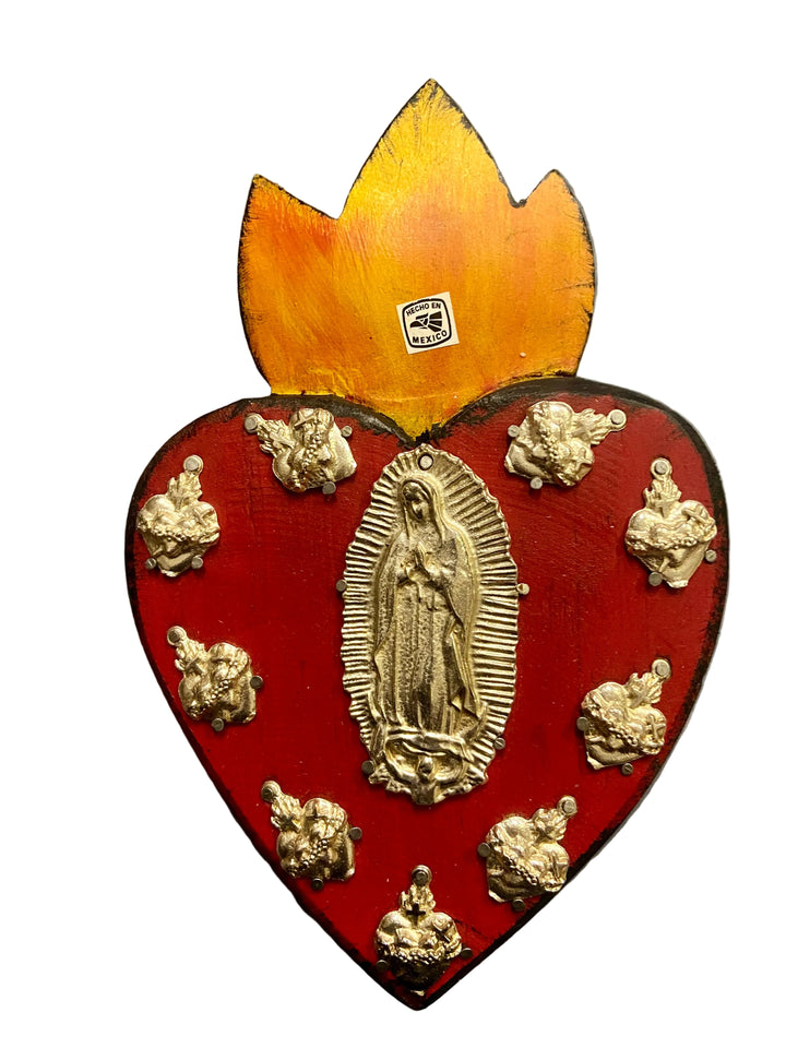 8" Wood Sacred Heart with Guadalupe Milagros