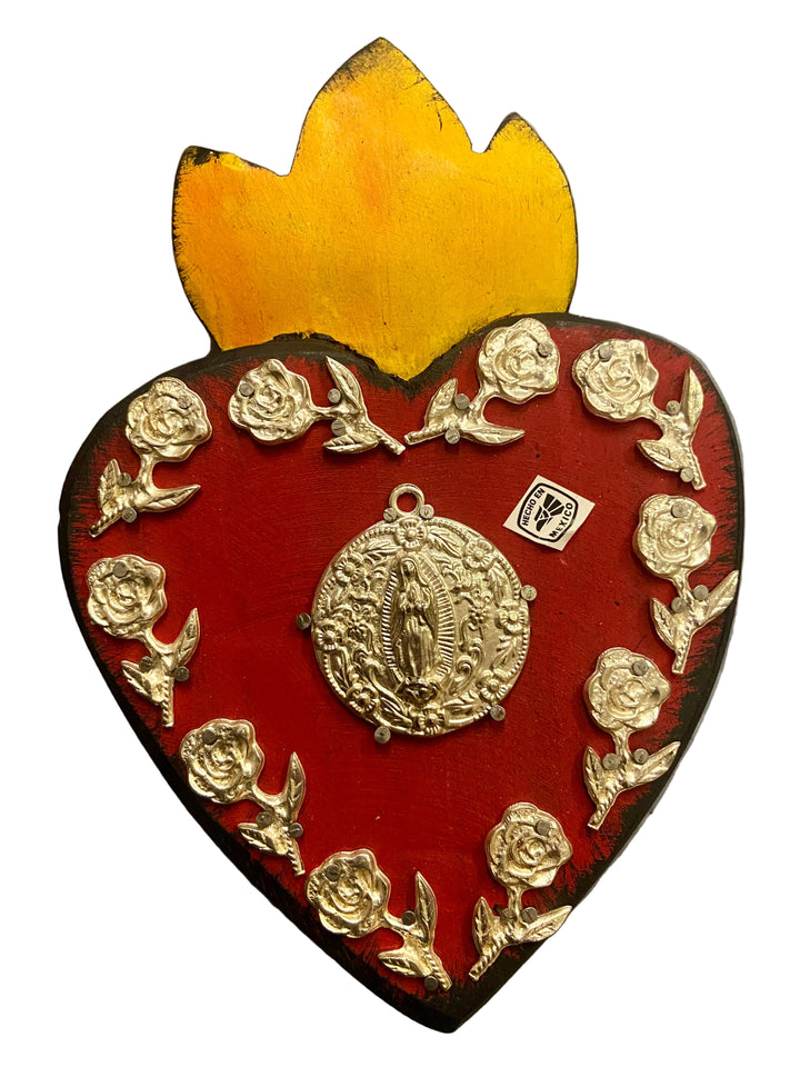 8" Wood Sacred Heart with Guadalupe Milagros