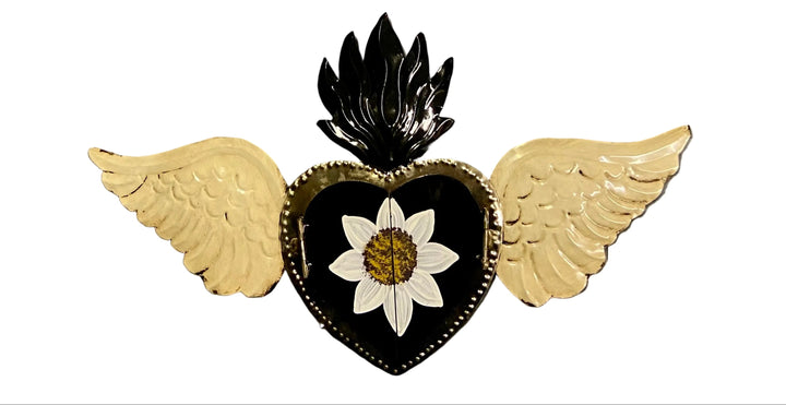 7.5" Sacred Heart with Mirror and Wings Tin Plaque