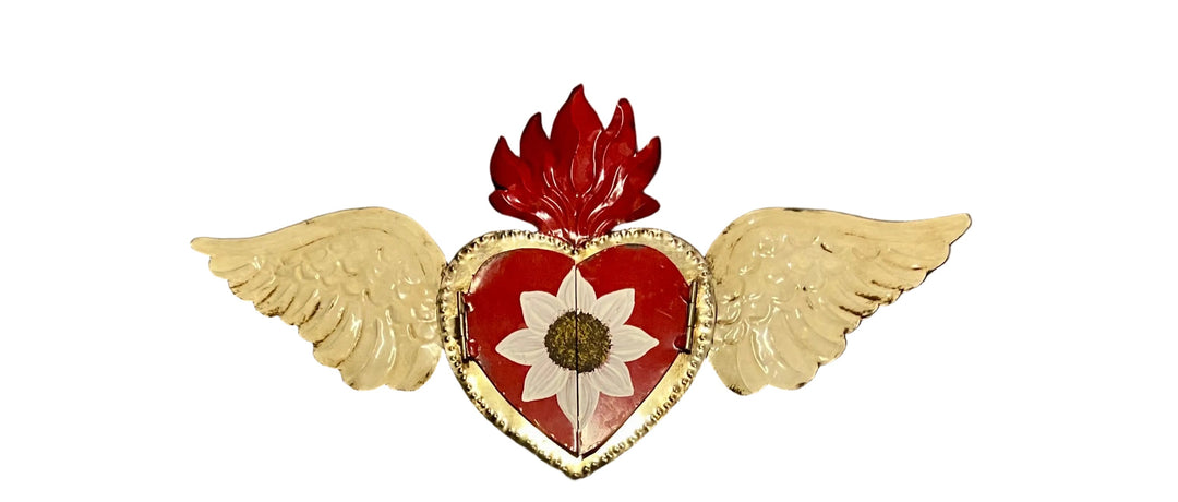 7.5" Sacred Heart with Mirror and Wings Tin Plaque