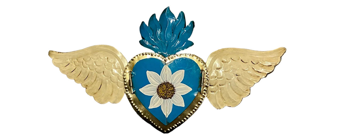 7.5" Sacred Heart with Mirror and Wings Tin Plaque