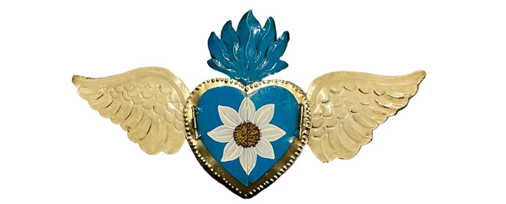 7.5" Sacred Heart with Mirror and Wings Tin Plaque
