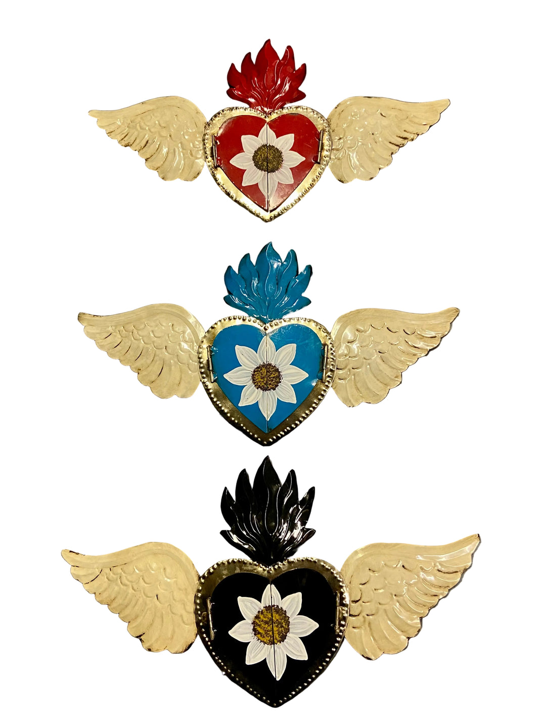 7.5" Sacred Heart with Mirror and Wings Tin Plaque