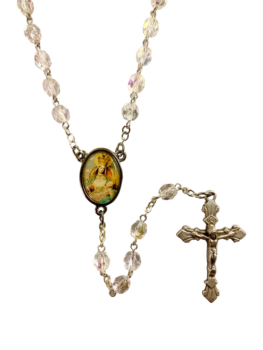 7mm Clear Crystal Nuestra Señora de la Providencia Rosary with Prayer Card