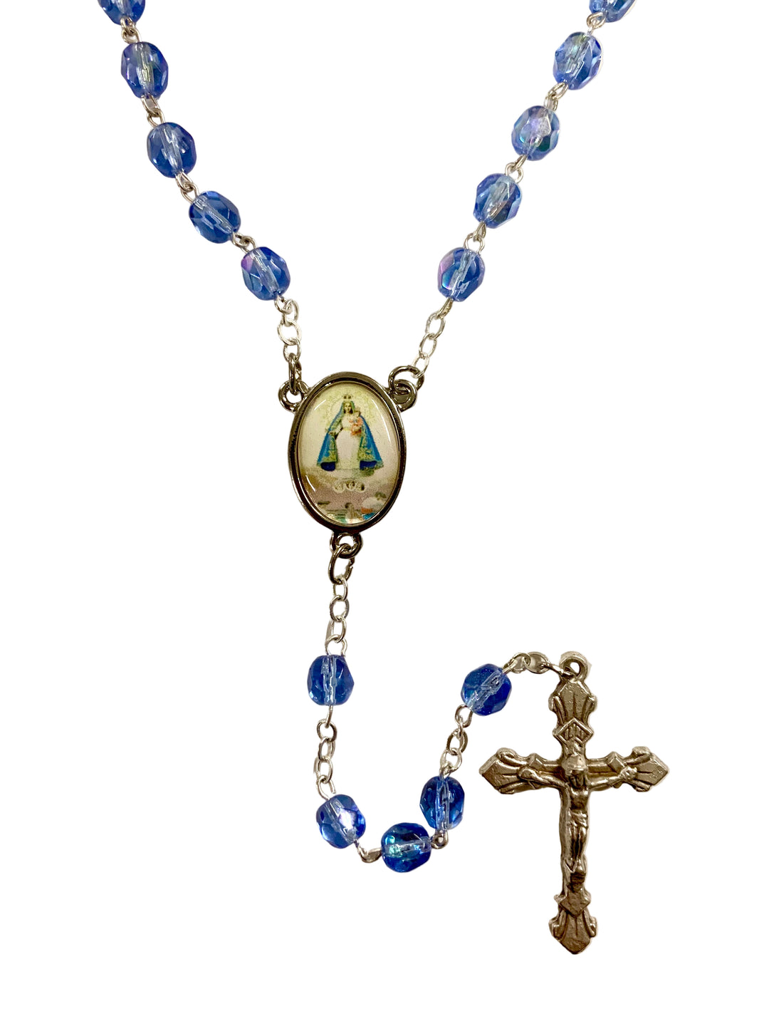 7mm Blue Crystal Caridad del Cobre Rosary with Prayer Card