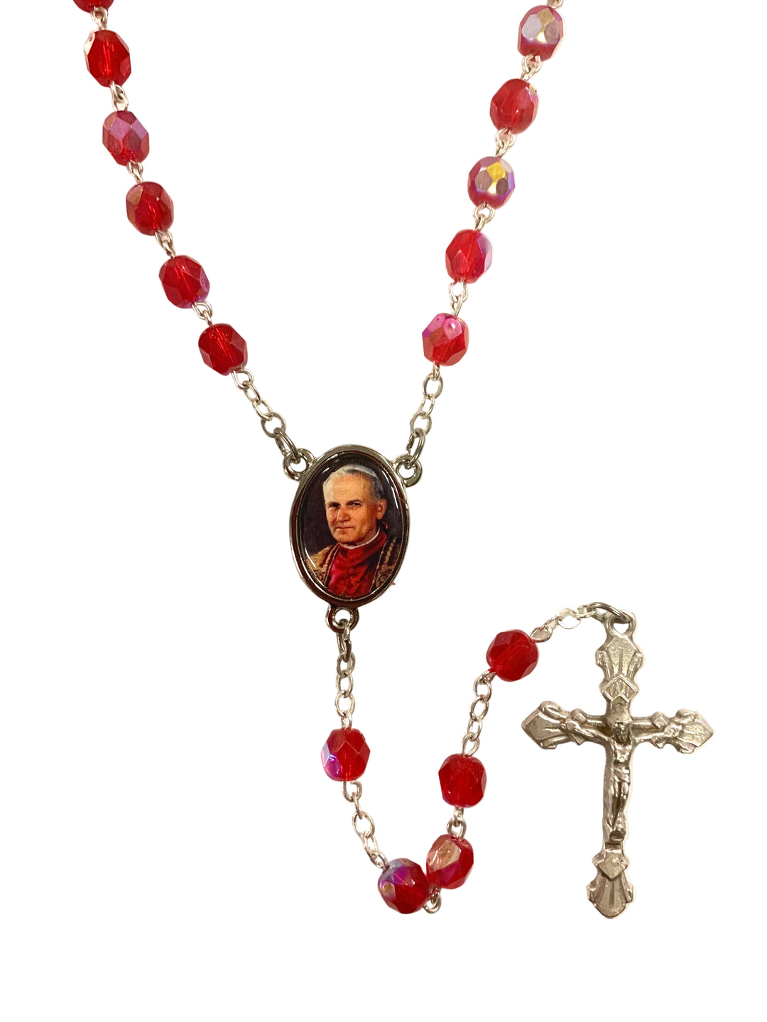 7mm Red Crystal Pope John Paul II Rosary with Prayer Card