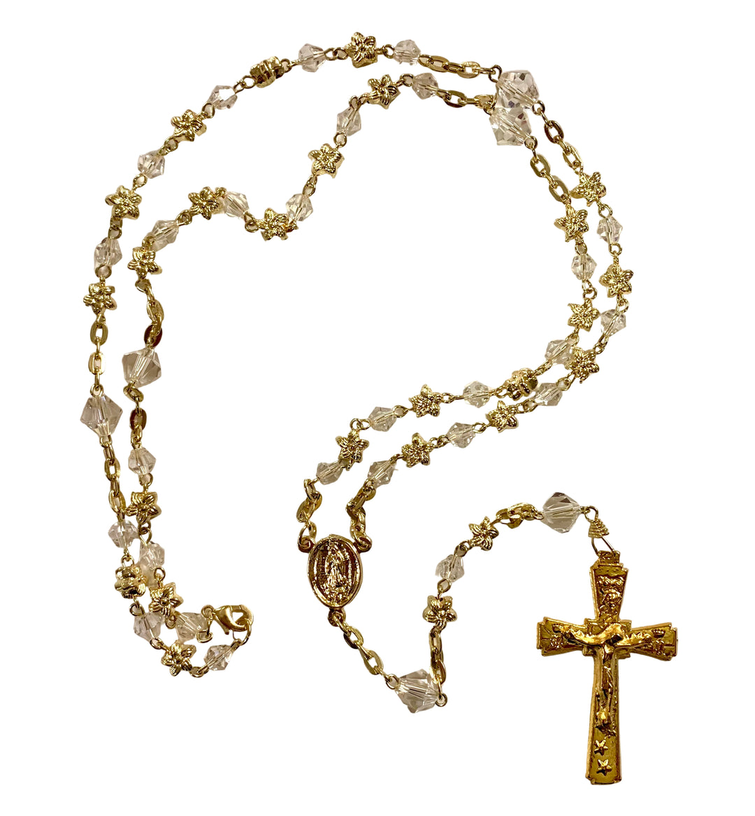 7mm Clear Crystal Gold Plated Star Our Lady of Guadalupe Rosary