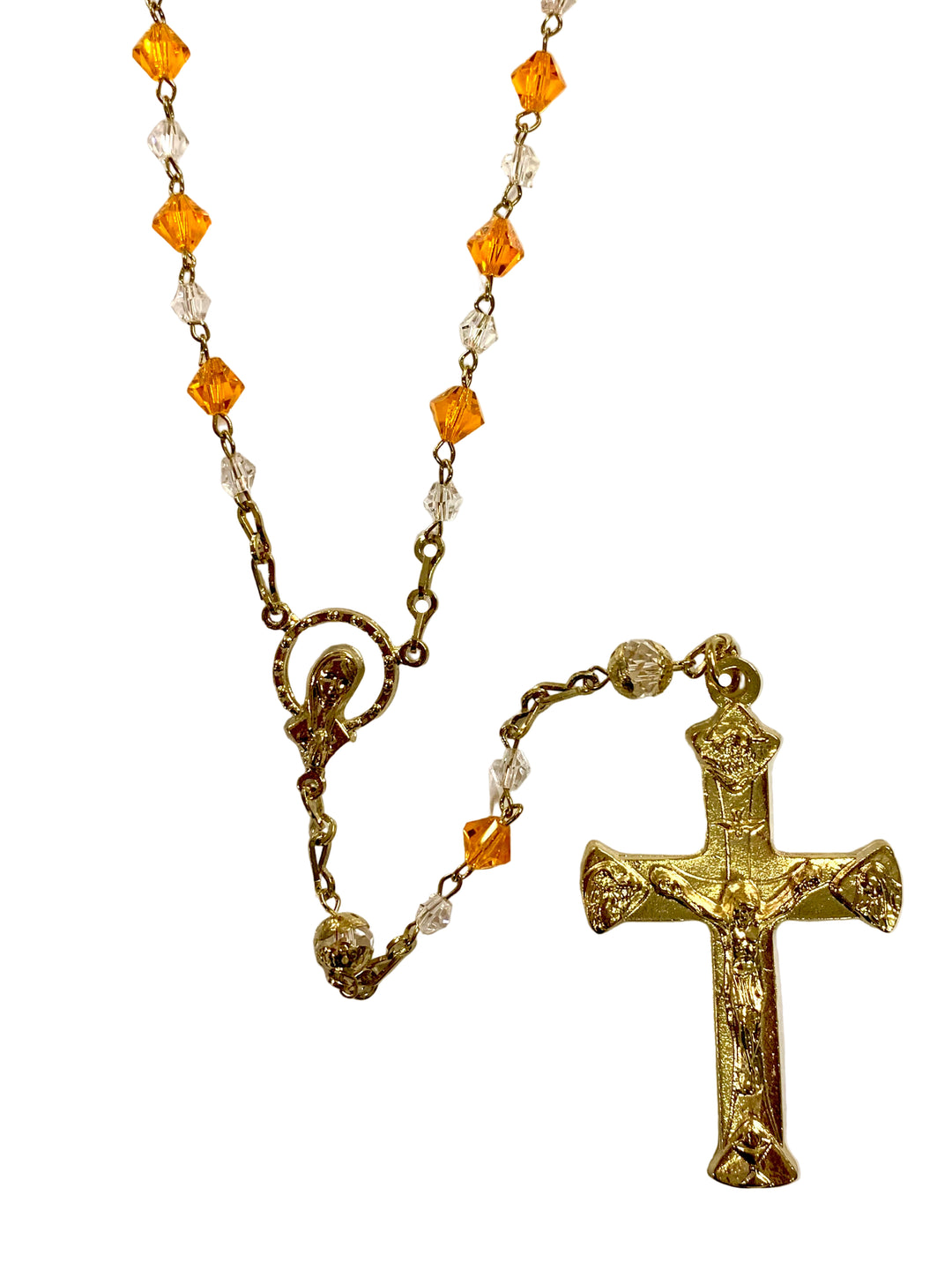 7mm Orange & Clear Crystal Gold Plated Rosary