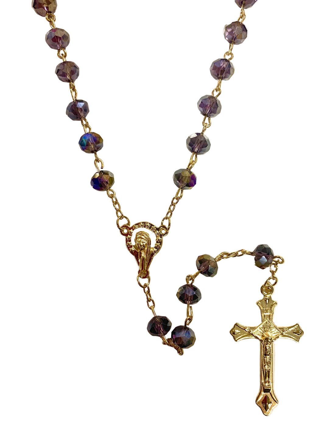 8mm Purple Aurora Borealis Crystal Gold Plated Rosary