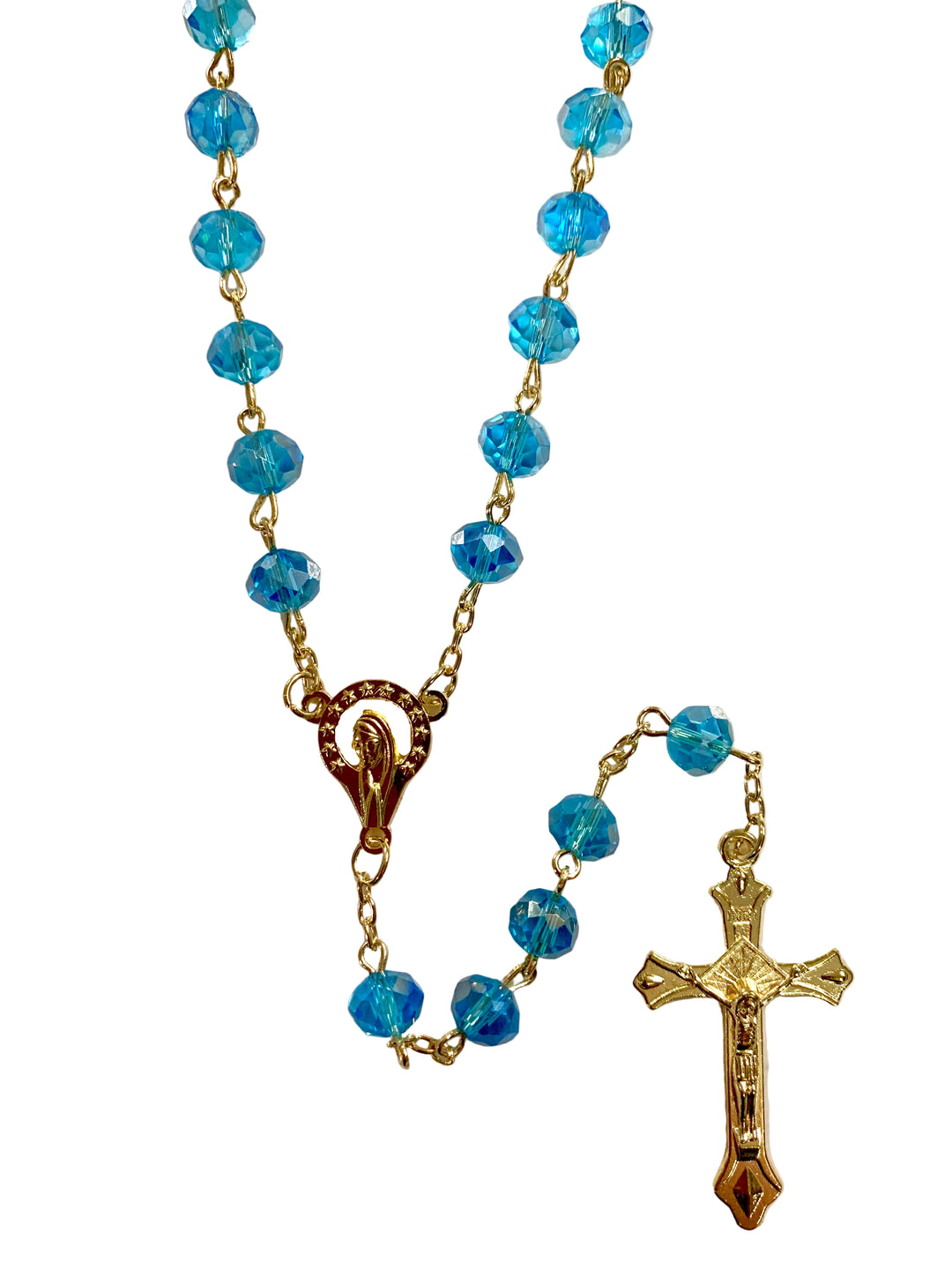8mm Aquamarine Crystal Gold Plated Rosary