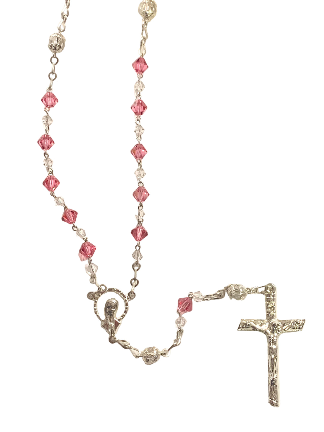 7mm Pink & Clear Crystal Silver Plated Rosary