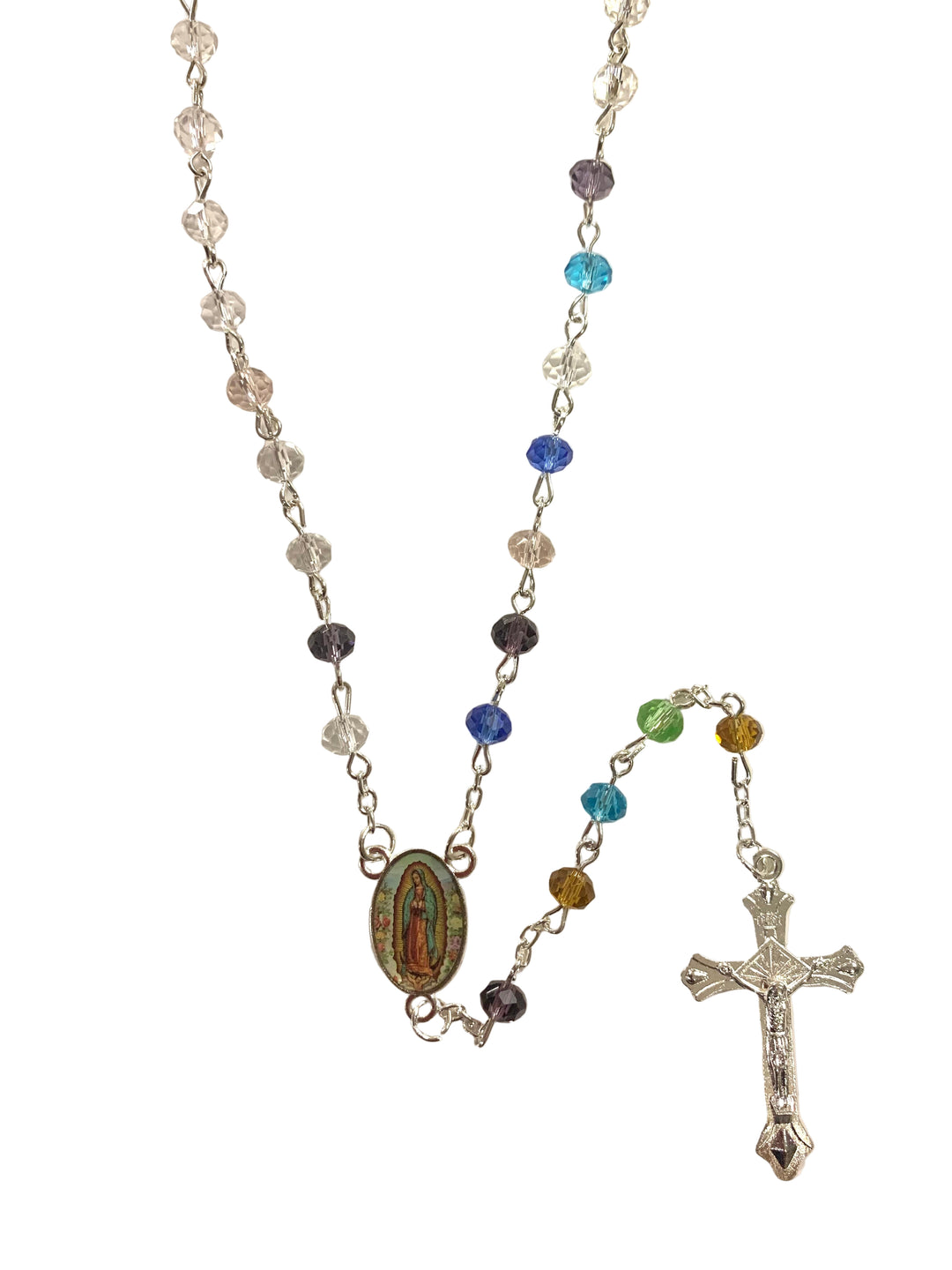7mm Multicolor Crystal Silver Plated Our Lady of Guadalupe Rosary