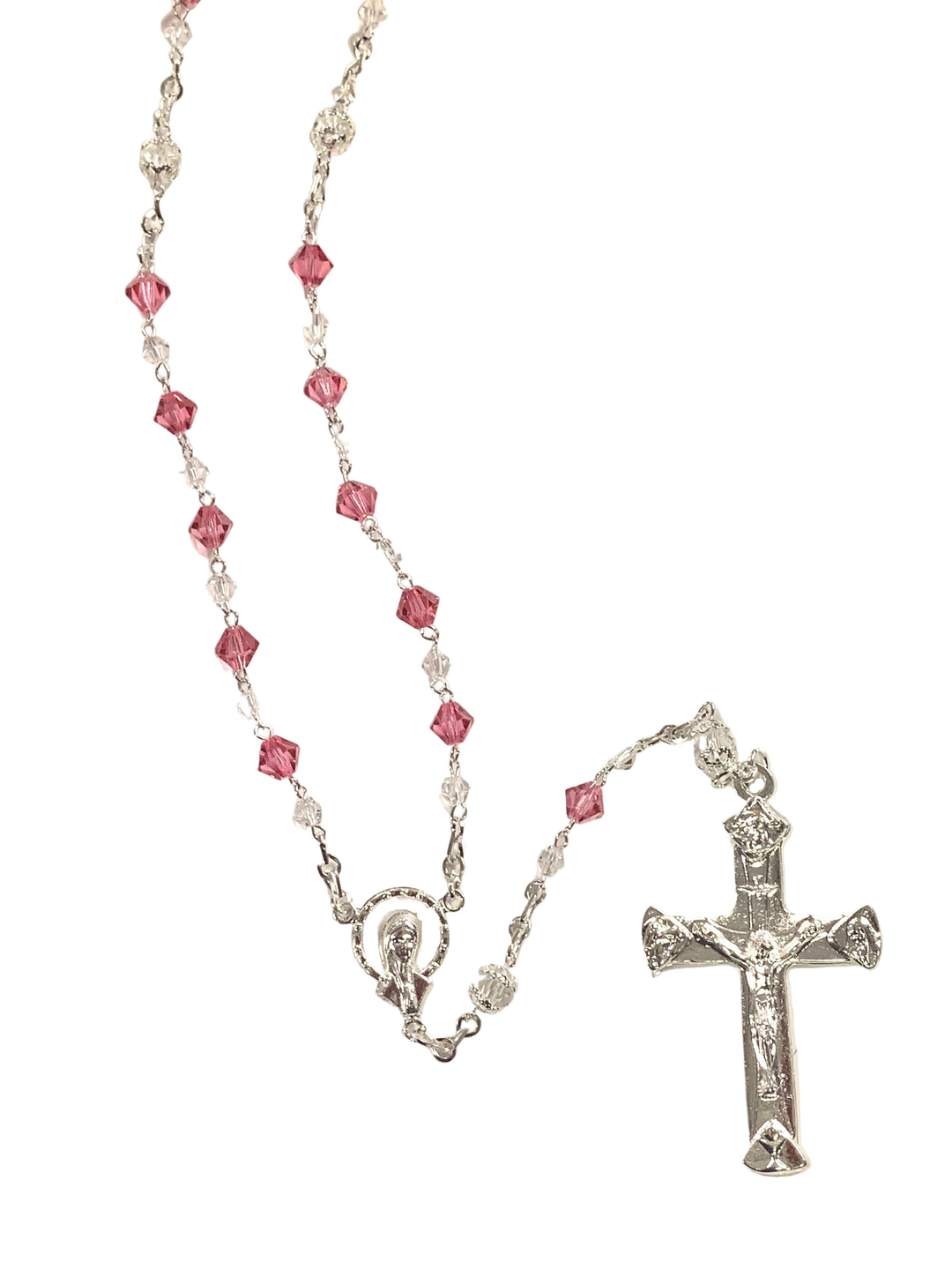 7mm Pink & Clear Crystal Silver Plated Rosary