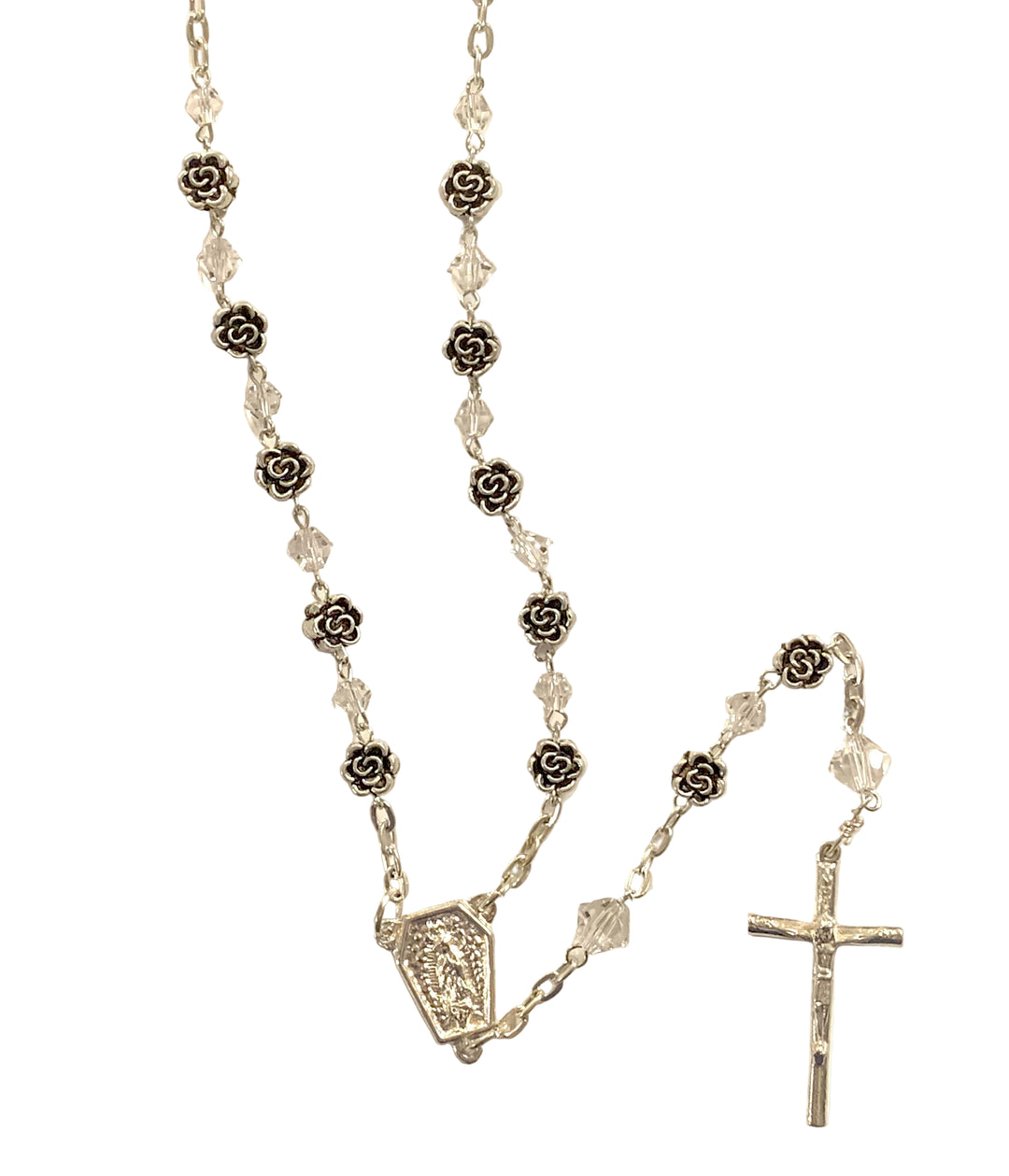 7mm Clear Crystal Silver Plated Flower OL Guadalupe Rosary