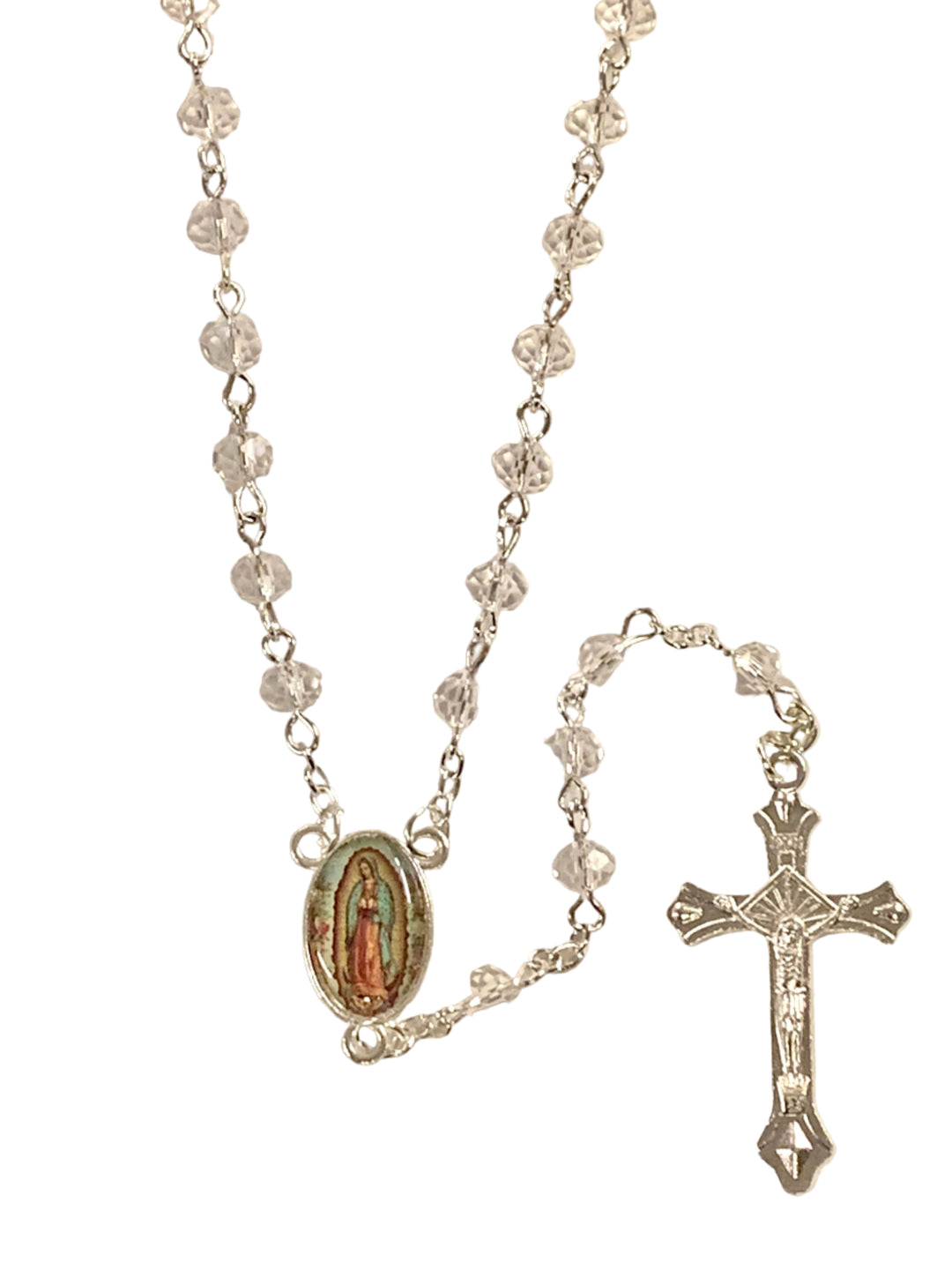 7mm Crystal Silver Plated Our Lady of Guadalupe Rosary
