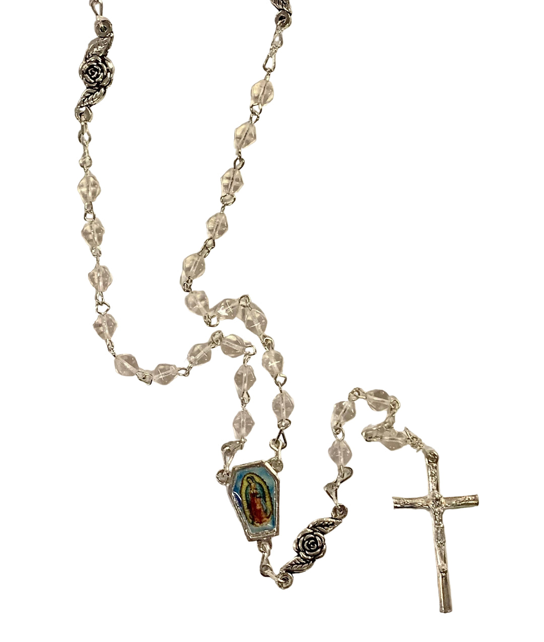 7mm Clear Crystal Silver Plated Rose Our Lady of Guadalupe Rosary
