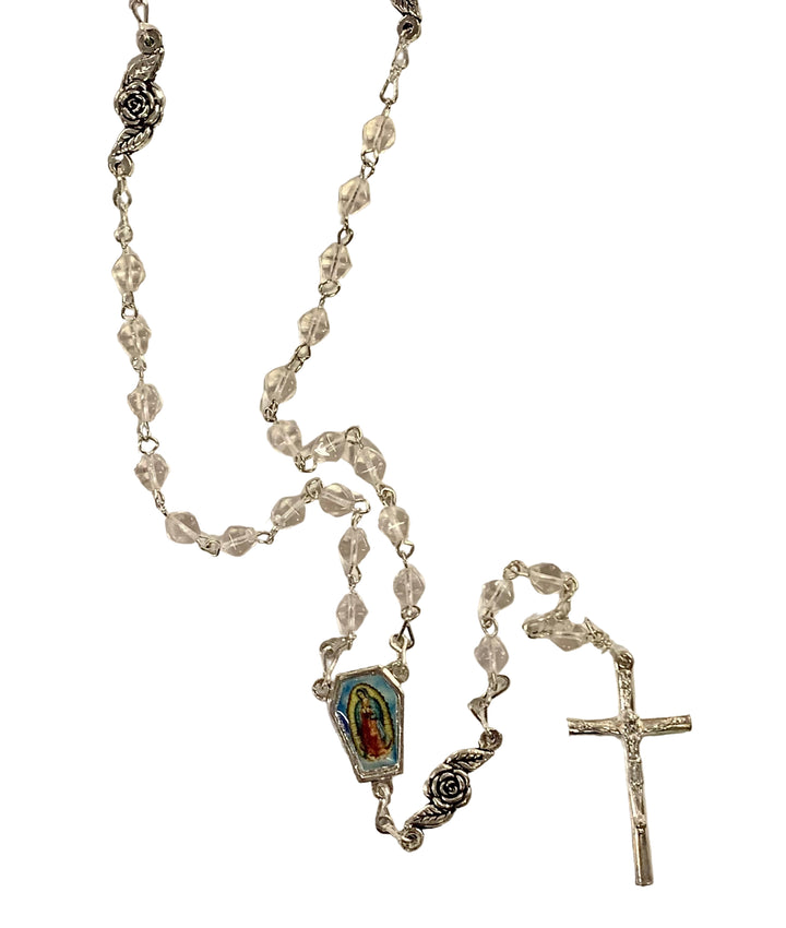 7mm Clear Crystal Silver Plated Rose Our Lady of Guadalupe Rosary