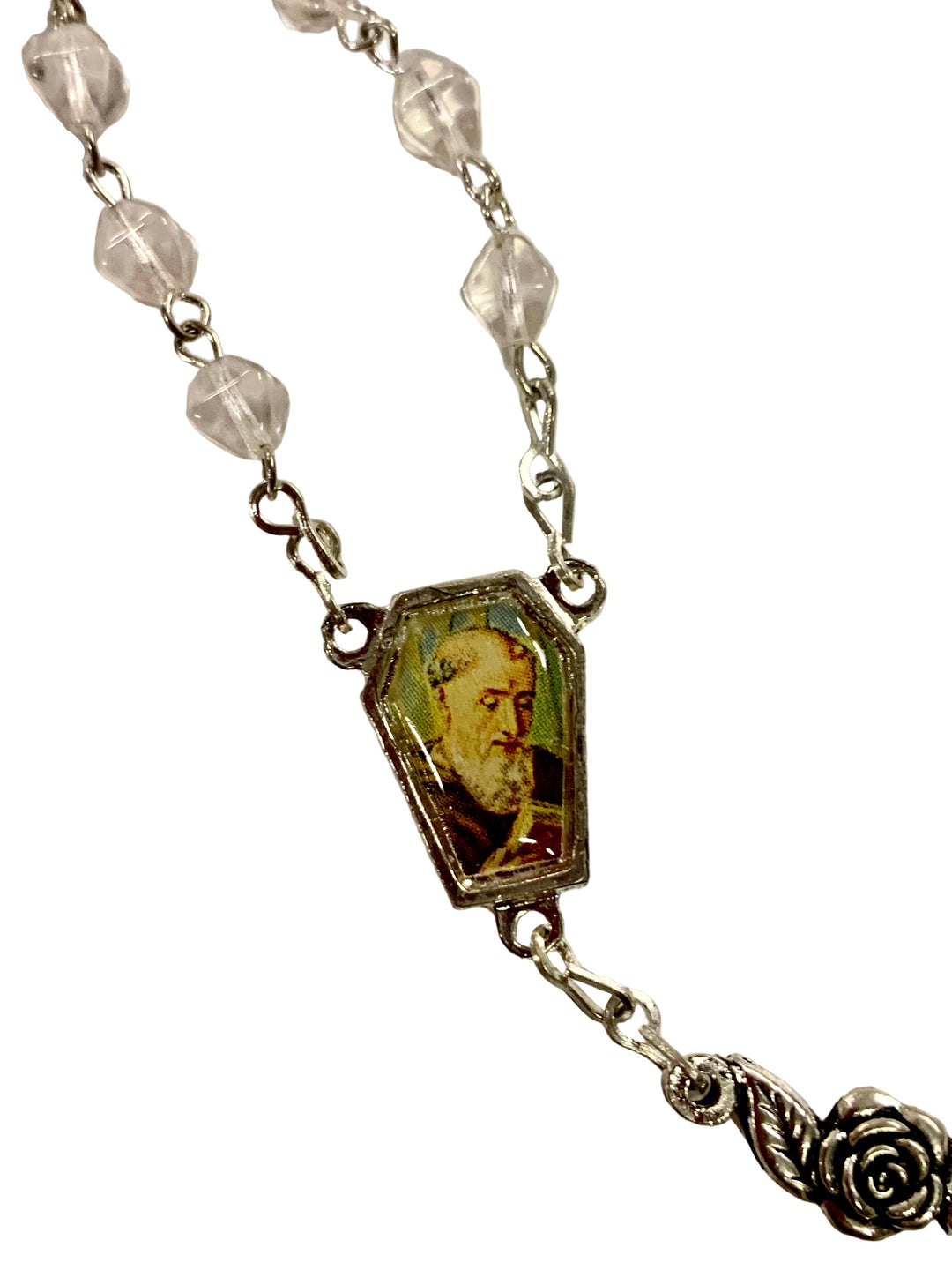 7mm Clear Crystal Silver Plated Rose Our Lady of Guadalupe Rosary