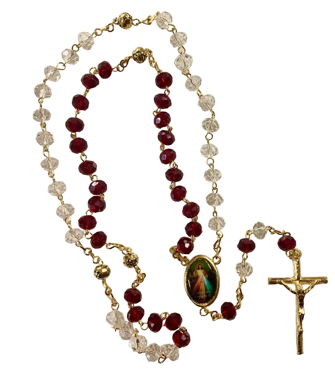 8mm Red & Clear Crystal Gold Plated Divine Mercy Rosary