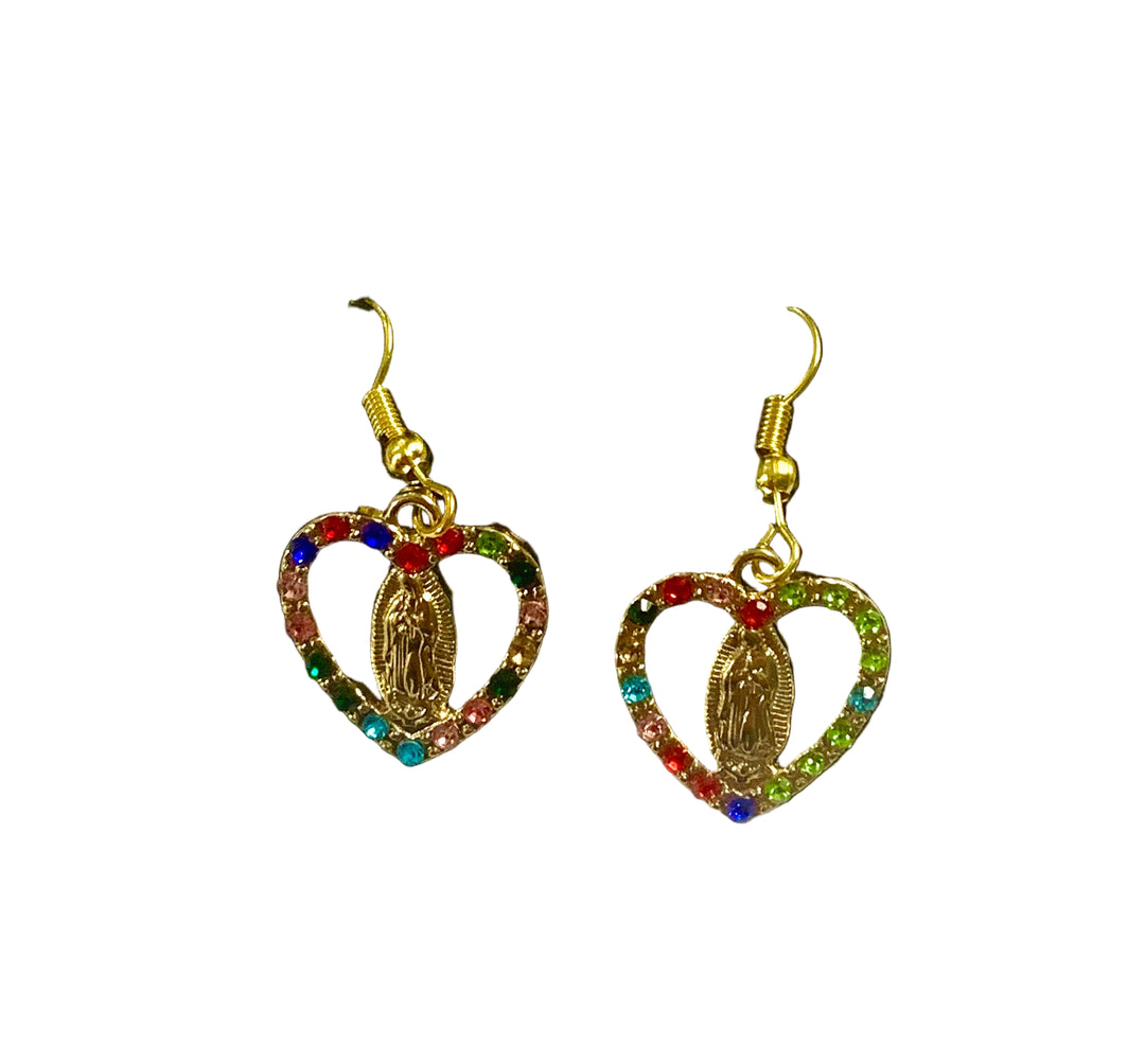 Gold-Plated Multicolor Crystal Our Lady of Guadalupe Heart Earrings